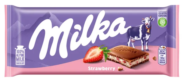 Šokoladas MILKA, iš Alpių pieno, su braškių skonio įdaru, 100 g