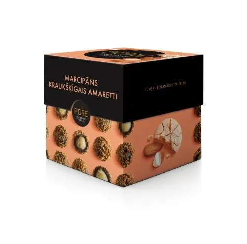 Šokolādes trifeles ar marcipāna krēma pildījumu un kraukšķīgo Amareto cepumu dekoru  96g, PURE
