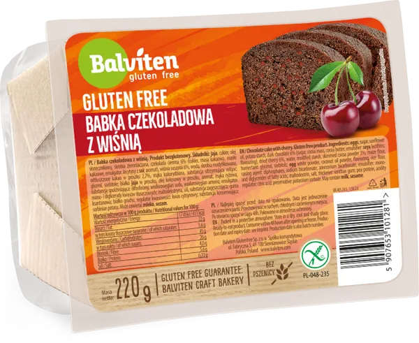 Šokoladinis pyragas BALVITEN GLUTEN FREE, su vyšniomis, 220 g