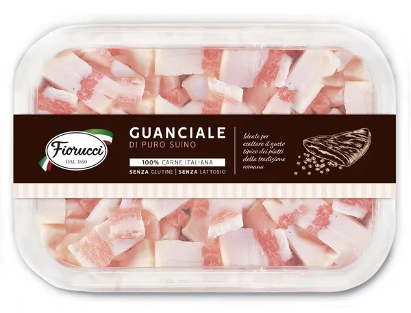 Sūdytos kiaulių pažandės FIORUCCI, Guanciale di suino, su prieskoniais, kubeliais, nerūšinė, 100g