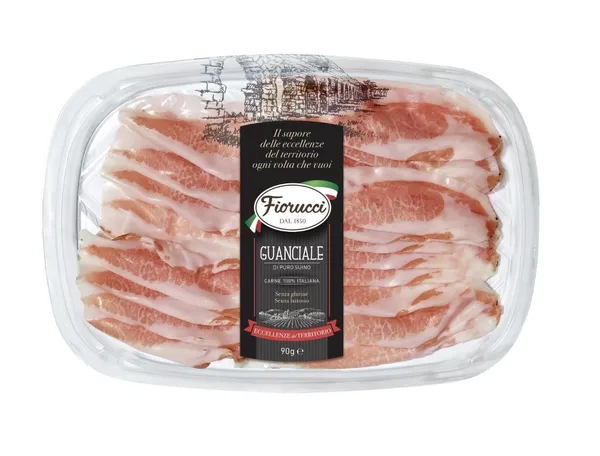 Sūdytos kiaulių pažandės FIORUCCI, Guanciale, su prieskoniais, griežinėliais, nerūšinė, 90g