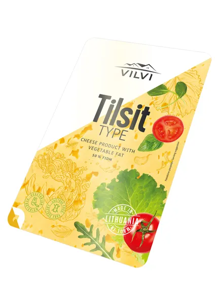 Sūrio produktas Tilsit VILVI, su augaliniais riebalais, 50 %, RSM, riekutėmis, 150g