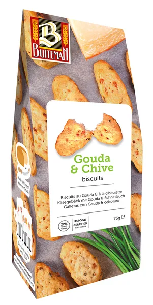 Sūrio sausainiai BUITEMAN, su brandintu Gouda sūriu ir svogūnų laiškais, 75 g