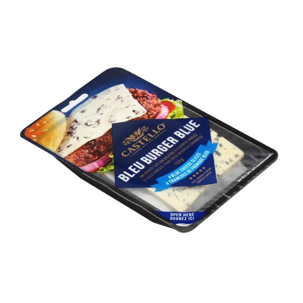 Sūris Bleu Burger Blue CASTELLO, su mėlynuoju pelėsiu, pjaustytas, 6 vnt., 150 g.