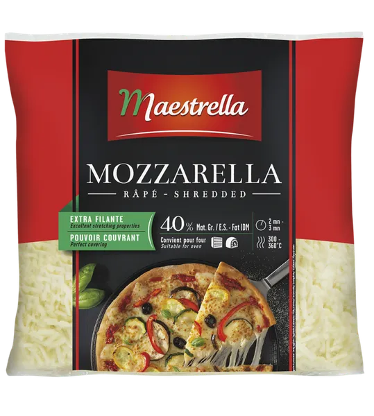 Sūris Mozzarella MAESTRELLA, tarkuotas šiaudeliais, 40% RSM, 2,5 kg