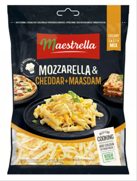 Sūrių mišinys MAESTRELLA, Mozzarella, Cheddar, Maasdam, 44%, šiaudeliais, 150g