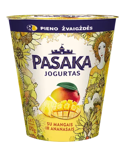 Švelnus jogurtas PASAKA, su mangais ir ananasais, 2,5%, 370 g
