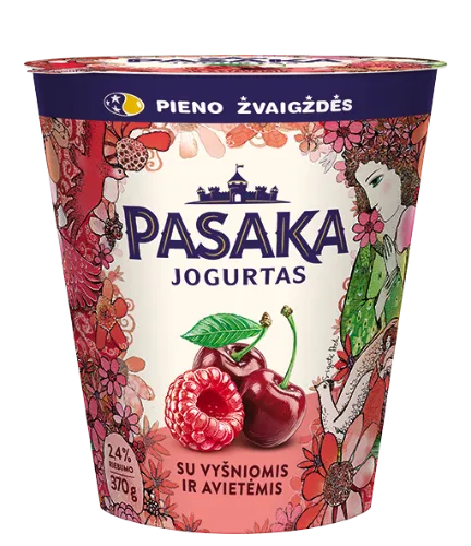 Švelnus jogurtas PASAKA, su vyšniomis ir avietėmis, 2,5%, 370 g