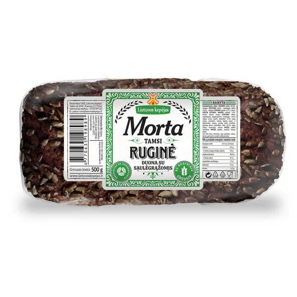 Tamsi ruginė duona LIETUVOS KEPĖJAS, MORTA, su saulėgrąžomis, 500 g