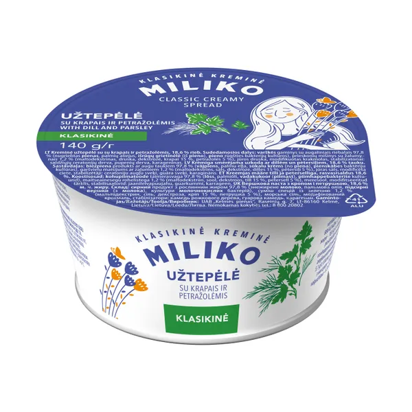 Tepama varškės užtepėlė MILIKO, su krapais ir petražolėmis, 18,6% riebumo, 140 g