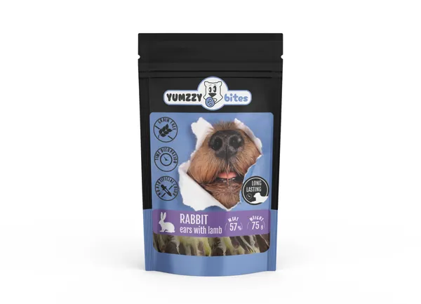 Suņu gardums YUMZZY BITES truša ausis ar jēru, 75g
