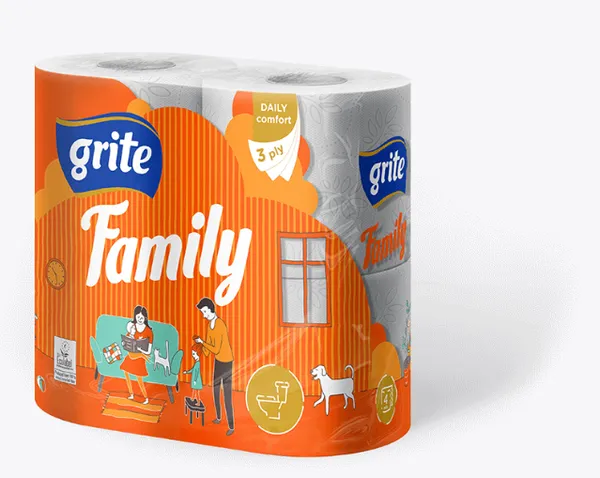 Tualetes papīrs Grite Family 4 ruļļi, 3 slāņu,  150 loksnes, 18.75m