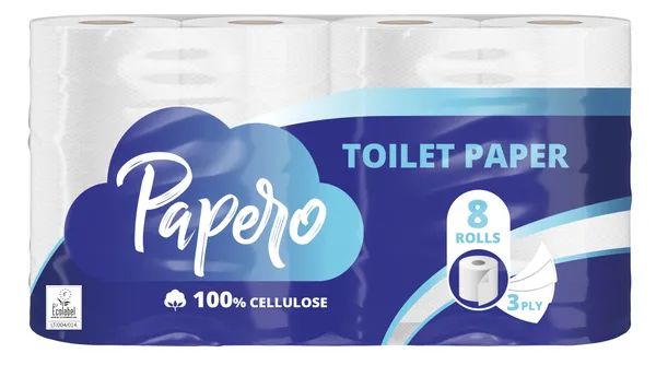 Tualetes papīrs PAPERO, 3 slāņi, 15.95 m, 145 loksnes, 8 ruļļi
