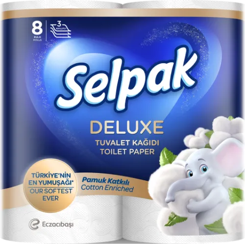 Tualetes papīrs SELPAK Deluxe Cotton, 3 slāņi, 15.6m, 130 loksnes, 8 ruļļi