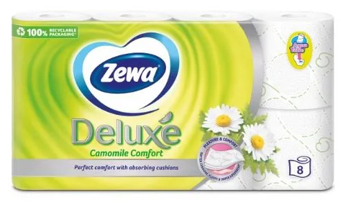 Tualetes papīrs ZEWA Deluxe Camomile Comfort, 3 slāņi, 17.4 metri, 145 loksnes, 8 ruļļi
