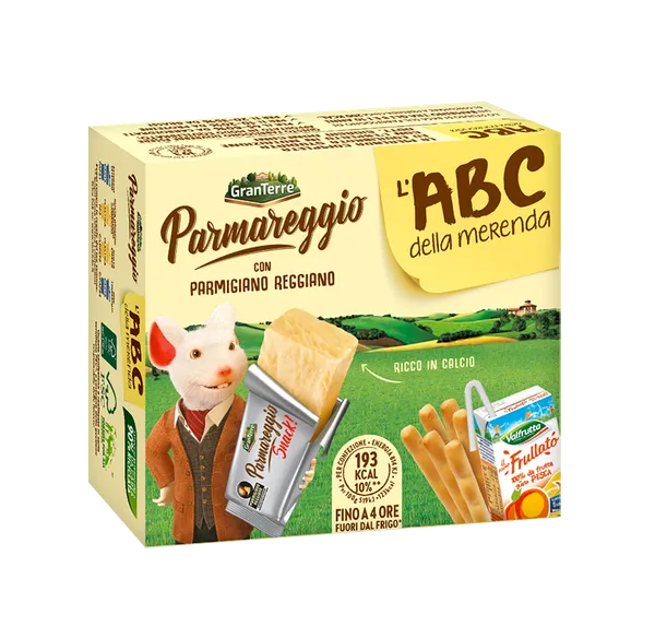 Uzkodu paka PARMIGIANO REGGIANO ABC, Parmareggio siera nūjiņa, mannas standziņas, persiku sula,162g