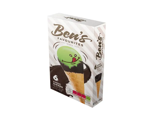 Vafeļu konusi BEN'S FAVORITES, ar vaniļas garšas šokolādes glazūru, 6gab, 120g