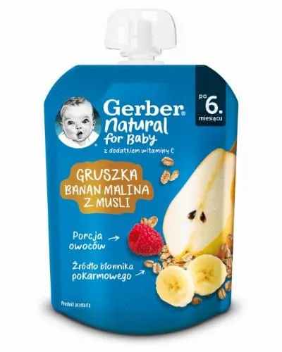 Augļu biezenis GERBER, ar bumbieriem, banāniem un avenēm, 6 mēn., 80g