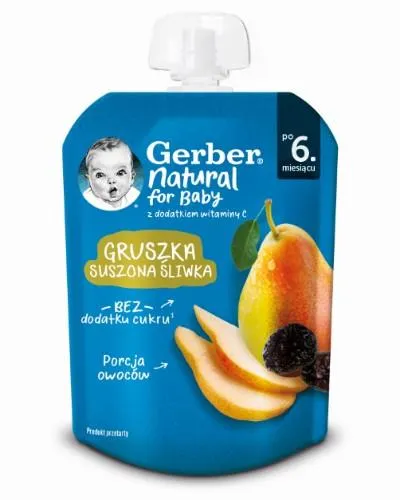 Augļu biezenis GERBER, ar bumbieriem un plūmēm, 6 mēn., 80g