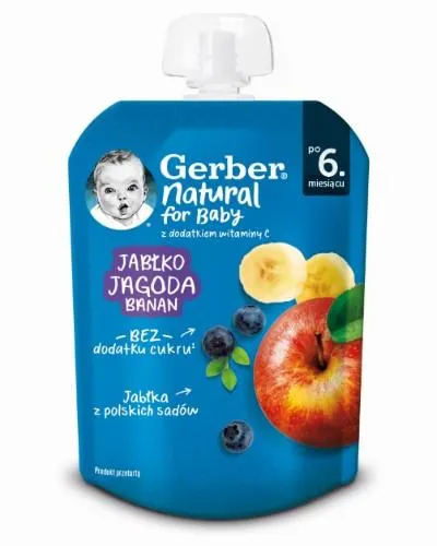 Augļu biezenis GERBER, ar āboliem, mellenēm un banāniem, 6 mēn., 80g
