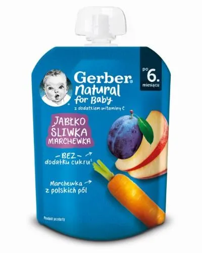 Vaikiška tyrelė GERBER, su obuoliais, slyvomis ir morkomis, maišelyje, 80 g