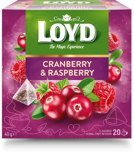 Vaisinės arbatos gėrimas LOYD, spanguolių ir aviečių skonio, 20 x 2g