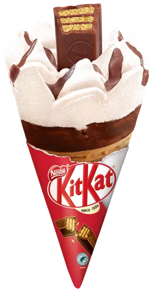 Valgomieji ledai KITKAT, vanilės, kakavos skonio, su KitKat vafliu, vafliniame ragelyje, 110ml