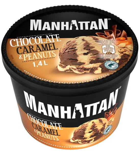 Valgomieji ledai MANHATTAN, su šokoladu, karamele ir riešutais, 1400 ml