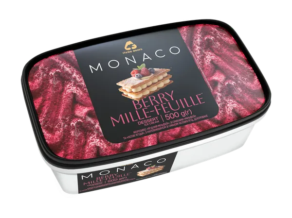 Valgomieji ledai MONACO Berry mille-feulle, dviejų sluoksnių, plastikiniame indelyje, 500 g, 1000 ml