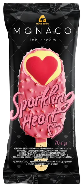 Valgomieji ledai MONACO Sparkling Heart, citrinų ir aviečių glaistu, 70 g