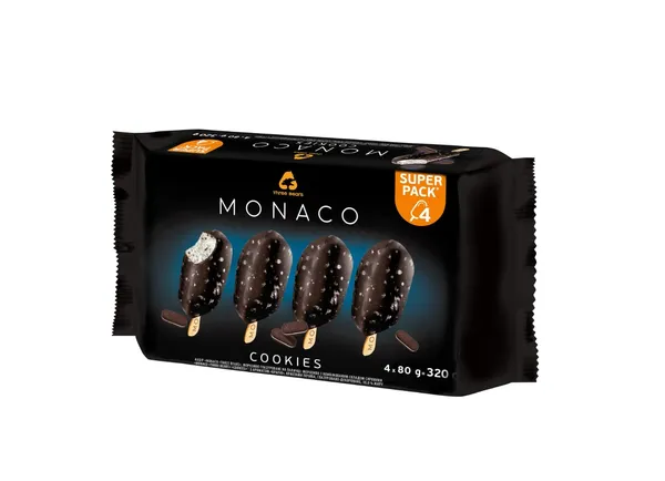 Valgomieji ledai MONACO su sausainiais ant pagaliuko,4 porcijos,  320 g, 560 ml