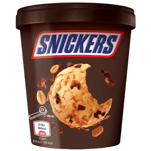 Valgomieji ledai SNICKERS su pieniniu šokoladu, žemės riešutais,karamele ir šokolado sk.užpilu,320ml