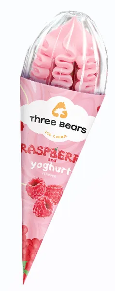 Valgomieji ledai THREE BEARS aviečių ir jogurto skonio, vafliniame ragelyje, 150 g, 270 ml