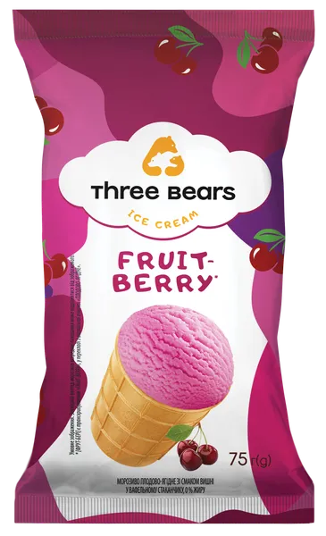 Valgomieji ledai THREE BEARS Fruit and Berry, vyšnių skonio, vafliniame indelyje,  70 g