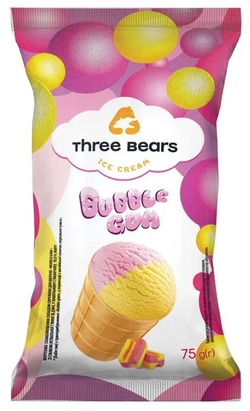 Valgomieji ledai THREE BEARS kramtomos gumos skonio, vafliniame indelyje, 75 g, 145 ml