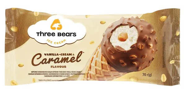 Valgomieji ledai THREE BEARS, vanilinio kremo ir karamelės įdaru, vafliniame indelyje, 70g