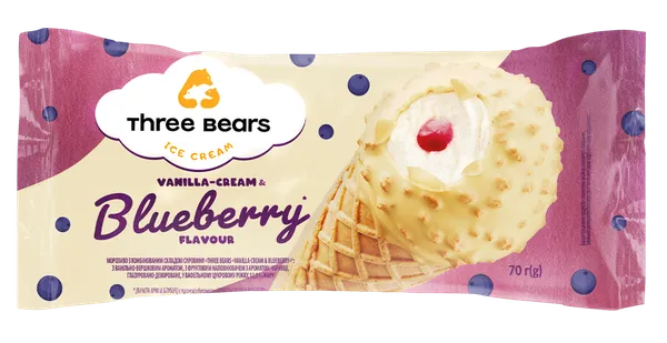 Valgomieji ledai THREE BEARS, vanilinio kremo ir mėlynių įdaru, vafliniame indelyje, 70g
