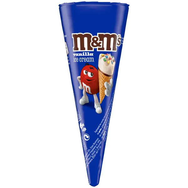 Valgomieji vaniliniai ledai vafliniame kūgelyje M&M's,su pieninio šokolado dražė, 110 g
