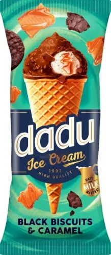 Vanilės skonio ledai DADU su karamelės įdaru ir kakaviniais biskvito gabaliukais, 150 ml