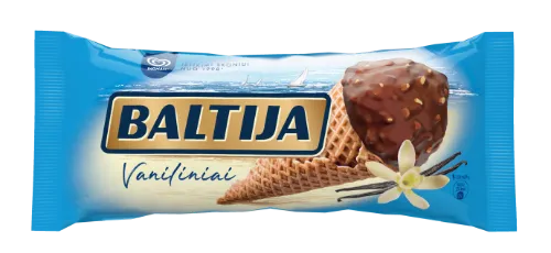Vaniliniai grietininiai ledai BALTIJA Vanilla, su riešutais ir šokoladiniu glaistu, kūginiai, 140 ml
