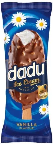 Vaniliniai ledai DADU, su migdolais,  glaistyti šokoladu, 100 ml / 73 g