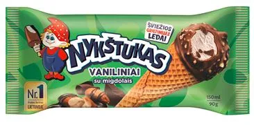 Vaniliniai ledai NYKŠTUKAS, su pieniško šokolado glaistu ir migdolais, vafliiniame ragelyje, 150ml