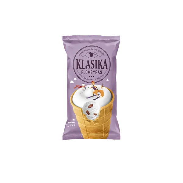 Vanilinis plombyras KLASIKA Raisins, iš grietinėlės, su razinomis, vafliniame puodelyje, 120ml