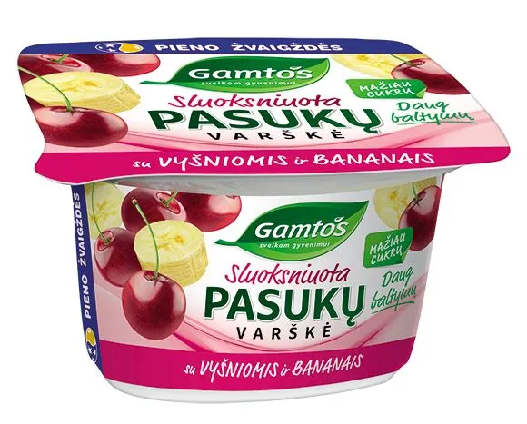 Varškė GAMTOS, 2%, pasukų, be laktozės, su vyšniomis ir bananais, 130 g