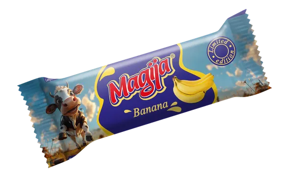 Varškės sūrelis MAGIJA,  su bananais, aplietas šokoladu, 22,2% rieb., 40 g