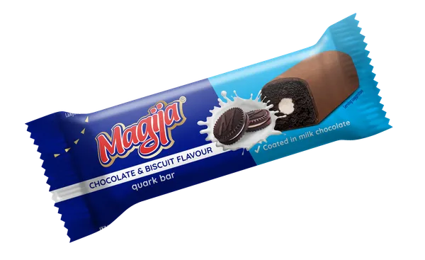 Varškės sūrelis "Magija" su sausainio skonio įdaru aplietas pienišku šokoladu, 21.6% rieb., 40g