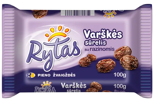 Varškės sūrelis RYTAS, su razinomis, 8%,100 g