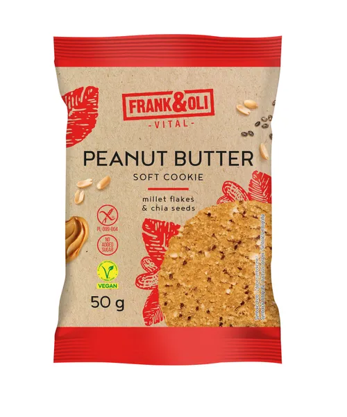 Veganiškas sorų sausainis FRANK&OLI, su žemės riešutų sviestu ir šalavijo(CHIA) sėklomis, 50g