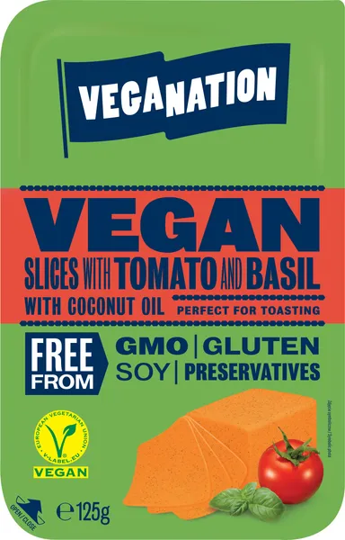 Veģetāriskais siers uz augu tauku bāzes ar tomātu un baziliku VEGANATION, šķēlēs, 125 g