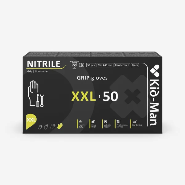 Vienkartinės pirštinės KID-MAN GRIP, juodos, nitrilinės, dydis XXL, nepudruotos, 50 vnt
